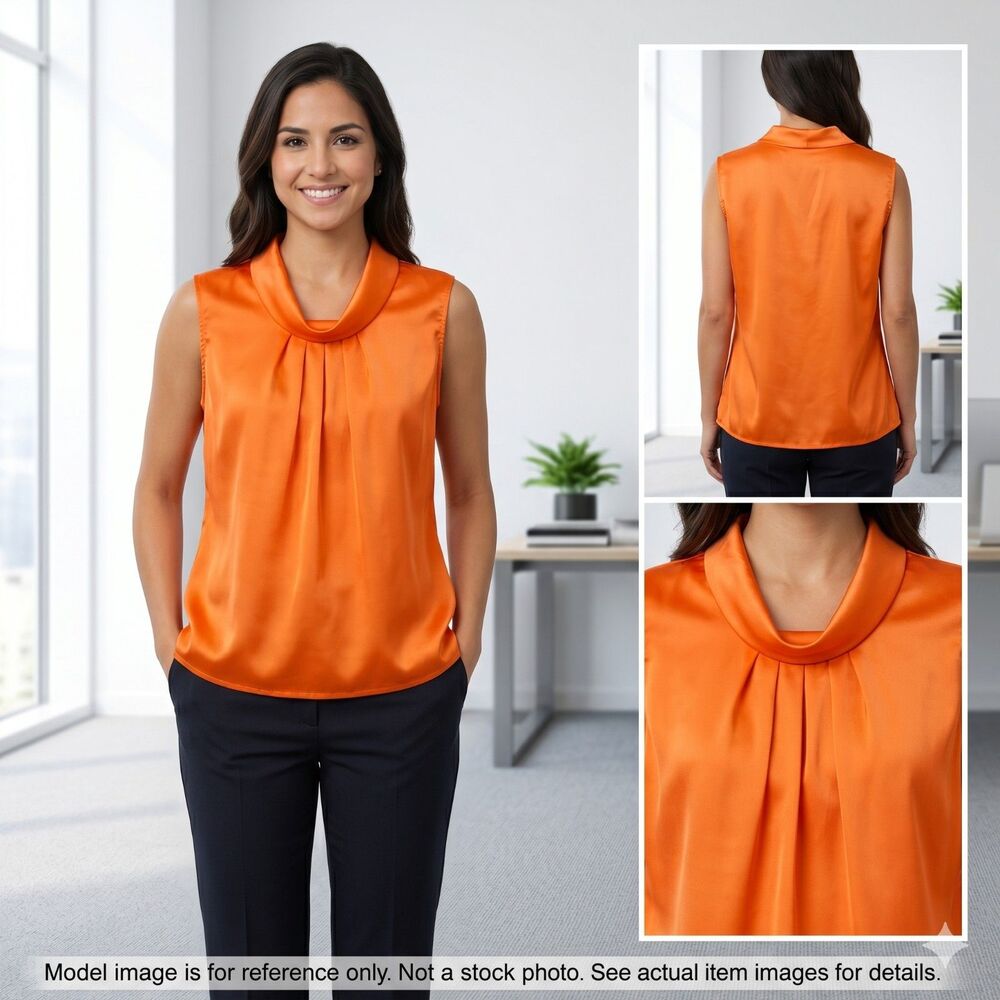 Tahari ASL Orange Cowl Neck Pleated Satin Shell XL
